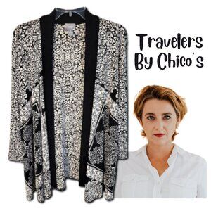 CHICO'S TRAVELERS Black & White Open Front Paisley Cardigan - Women's 3 (XL-16)